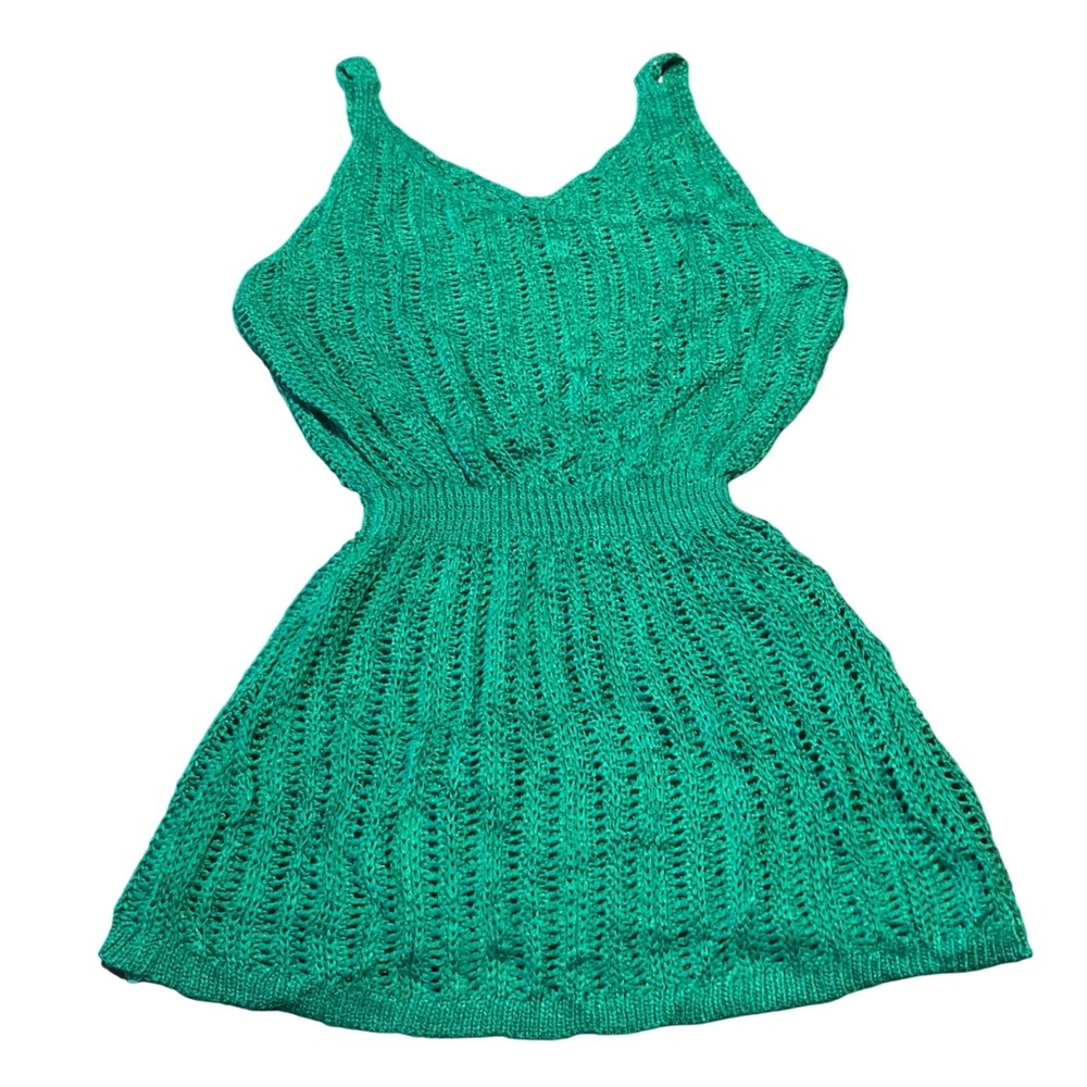 Handmade Emerald Green Crochet Knit‎ Summer Mini Dress V Neck Spaghetti Strap